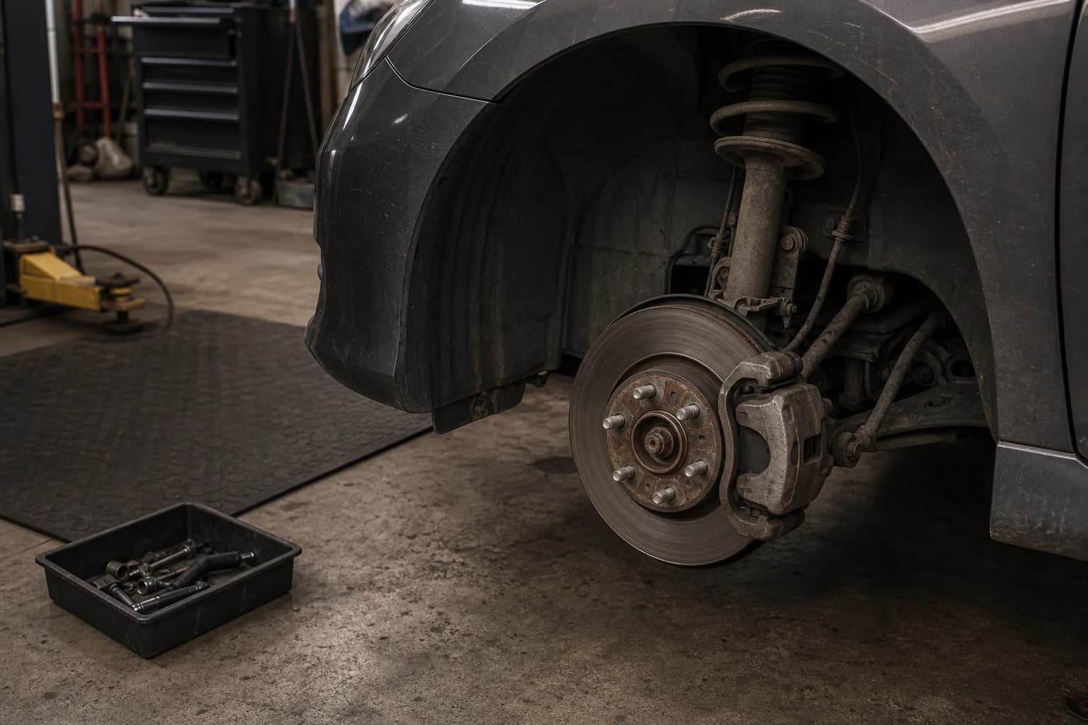 Brake and suspension components exposed for workshop inspection