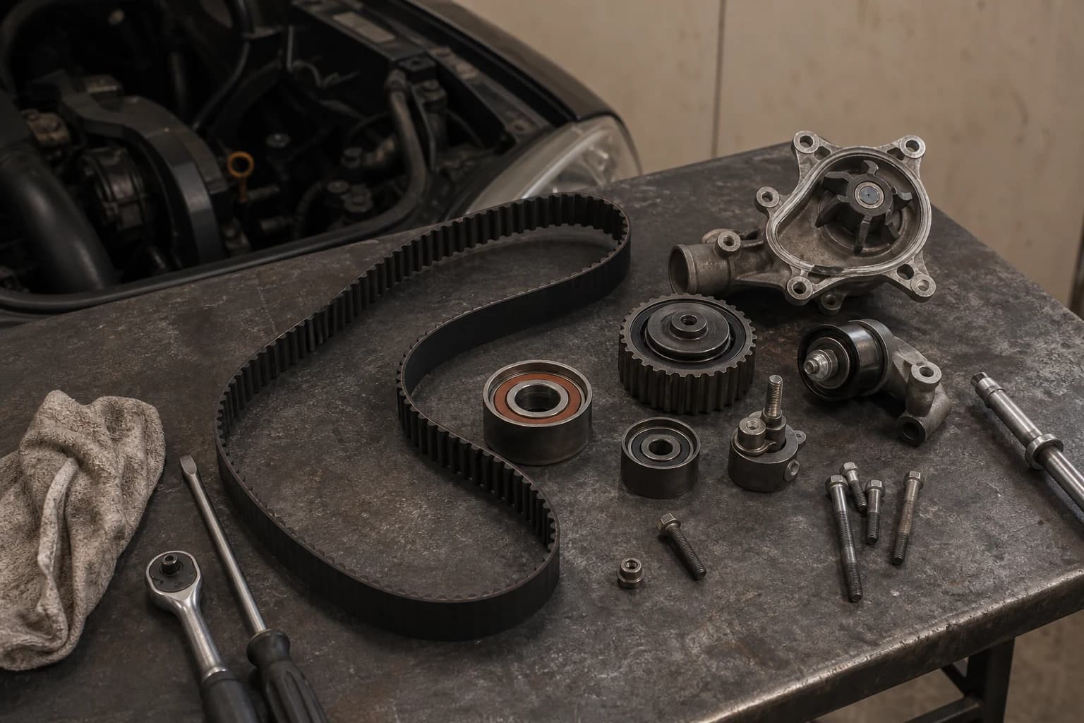 Timing belt and water pump components arranged for workshop service